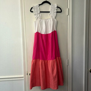 Victoria Dunn Lounge Colorblock Tiered Preppy Twee Linen Blend Dress Size Small